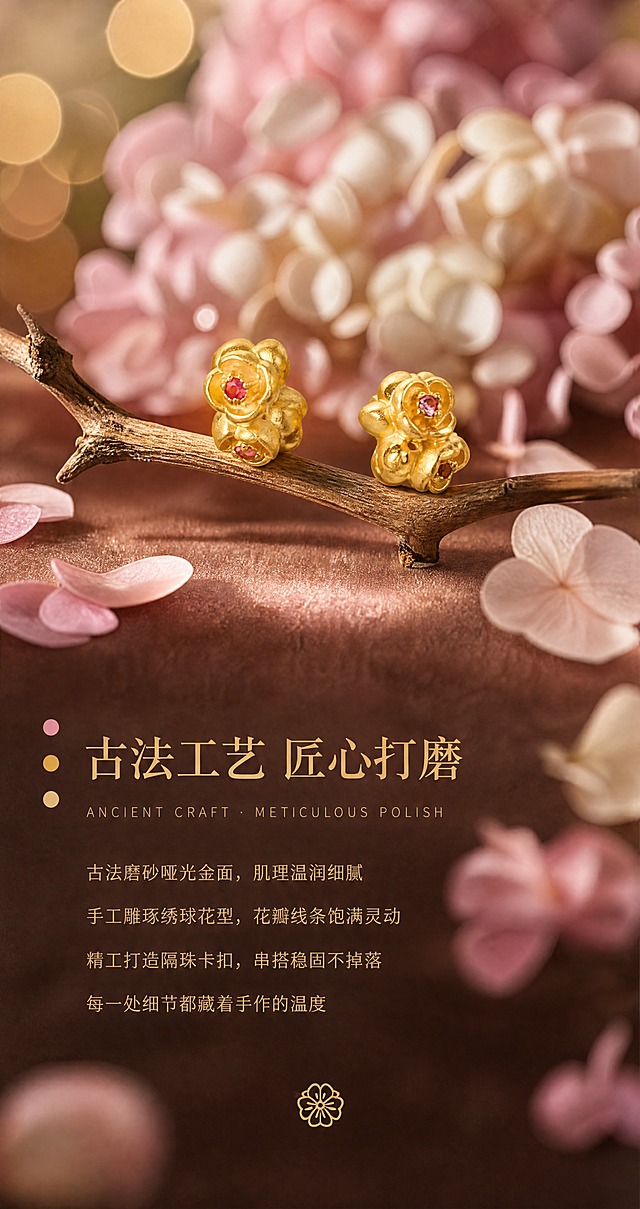 现代轻奢珠宝详情页第4屏-古法工艺细节页。使用图8的两枚绣球花隔珠侧面角度图，将产品融入沉浸式花艺场景：产品放置在深香槟色丝绒台面上的一根干枯花枝上（现代花艺道具，不是国风树枝），周围散落几片淡粉色绣球花瓣，背景是柔焦虚化的绣球花丛，有圆形光斑散景，柔和斜侧自然光从左上射入，前景有虚化的花瓣做层次，三层景深，氛围感极强。产品放大，重点展示金属磨砂肌理、圆润边缘和打磨质感，严格还原足金原色、古法金磨砂质感，禁止发白发银、禁止过曝、禁止死黑阴影、禁止变形改结构。产品位于画面上半部，占画面约50%。画面下半部左侧排版文字，左侧有三个竖向排列的彩色小圆点（粉/金/米）做装饰。文字层级：主标题"古法工艺 匠心打磨"使用精致高对比衬线体，浅金棕色；下方英文"ANCIENT CRAFT · METICULOUS POLISH"细体无衬线拉开字距，浅金色；再下方4行正文左对齐，纤细字体，浅金色："古法磨砂哑光金面，肌理温润细腻""手工雕琢绣球花型，花瓣线条饱满灵动""精工打造隔珠卡扣，串搭稳固不掉落""每一处细节都藏着手作的温度"。底部中央有极简金色小花图标。文字不遮挡产品。整体高级有氛围。画布宽850px，竖版长图。