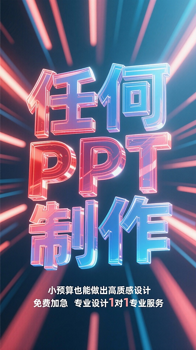 彩色偏红蓝色一点透明质感巨大立体字：任何PPT制作”，要突出 任何PPT制作  这几个字 这几个字还有发光的效果 背景放射线元素组成的场景   副标题是    小预算也能做出高质感设计     免费加急  专业设计1对1专业服务