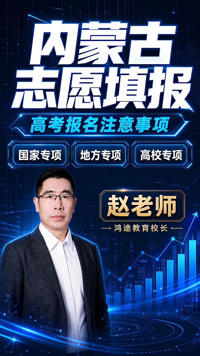 商业设计质感 画面精致高级 文字清晰锐利。竖版9:16直播封面图，数据冲击硬核风格，主题为内蒙古高考志愿填报讲解。深蓝科技感配色，荧光蓝点缀，现代感强有冲击力。背景为深蓝色科技网格，带有数据流动线条和光点粒子效果，底部有上升的柱状图和数据图表剪影，硬核专业。画面中上部是超大粗体主标题"内蒙古志愿填报"，白色粗体字带蓝色外发光效果，字号极大，几乎横跨画面，是第一视觉焦点。主标题正下方是荧光蓝色的副标题"高考报名注意事项"，字体稍小但醒目。标题下方画面中部横向排列三个深蓝色科技感卡片，分别写"国家专项""地方专项""高校专项"，白色字体，卡片带荧光蓝边框发光效果。画面下半部分左侧放置中年男性讲师半身像（参考图1人物形象：短发、戴眼镜、穿深灰色西装白衬衫、表情严肃专业），人物已抠图融入，人物面部和身体必须清晰锐利，不能模糊或发虚，做冷色调统一处理，占画面约40%，身体微侧向右，人物边缘干净清晰。讲师右侧是金色名牌："赵老师"大字，下方"鸿途教育校长"小字。人物面部光照充足，五官清晰，没有任何模糊、雾化或暗部遮挡。整体构图上重下轻，标题冲击力强，科技数据感十足，人物清晰突出。装饰元素与主题统一，不喧宾夺主。