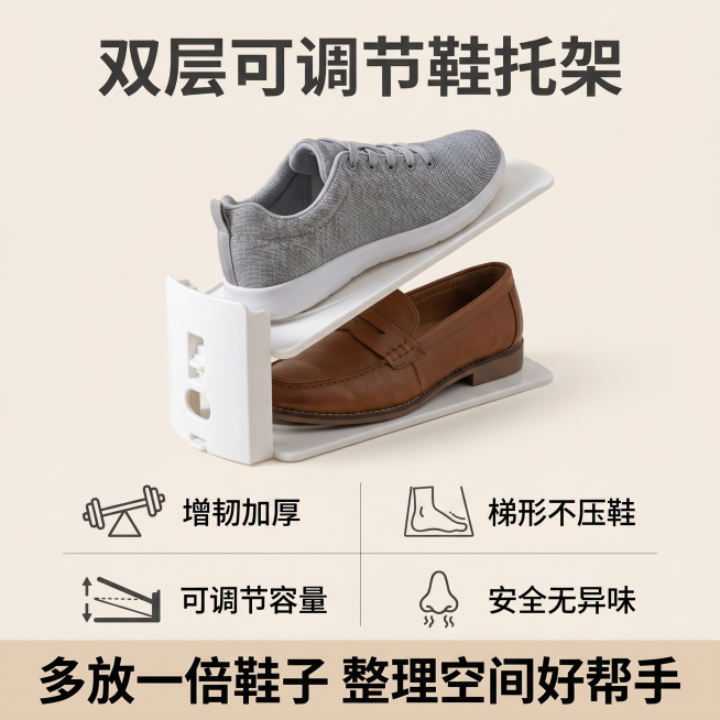 [主图 5] 双层可调节鞋托架规格卖点总结图，鞋托架每层各放置一只鞋
[氛围风格] 清晰直白，促进下单转化
[画质] 商业摄影质感、光线柔和通透、产品清晰真实、画面干净高级
[元素] 鞋托架整体放置在预览效果