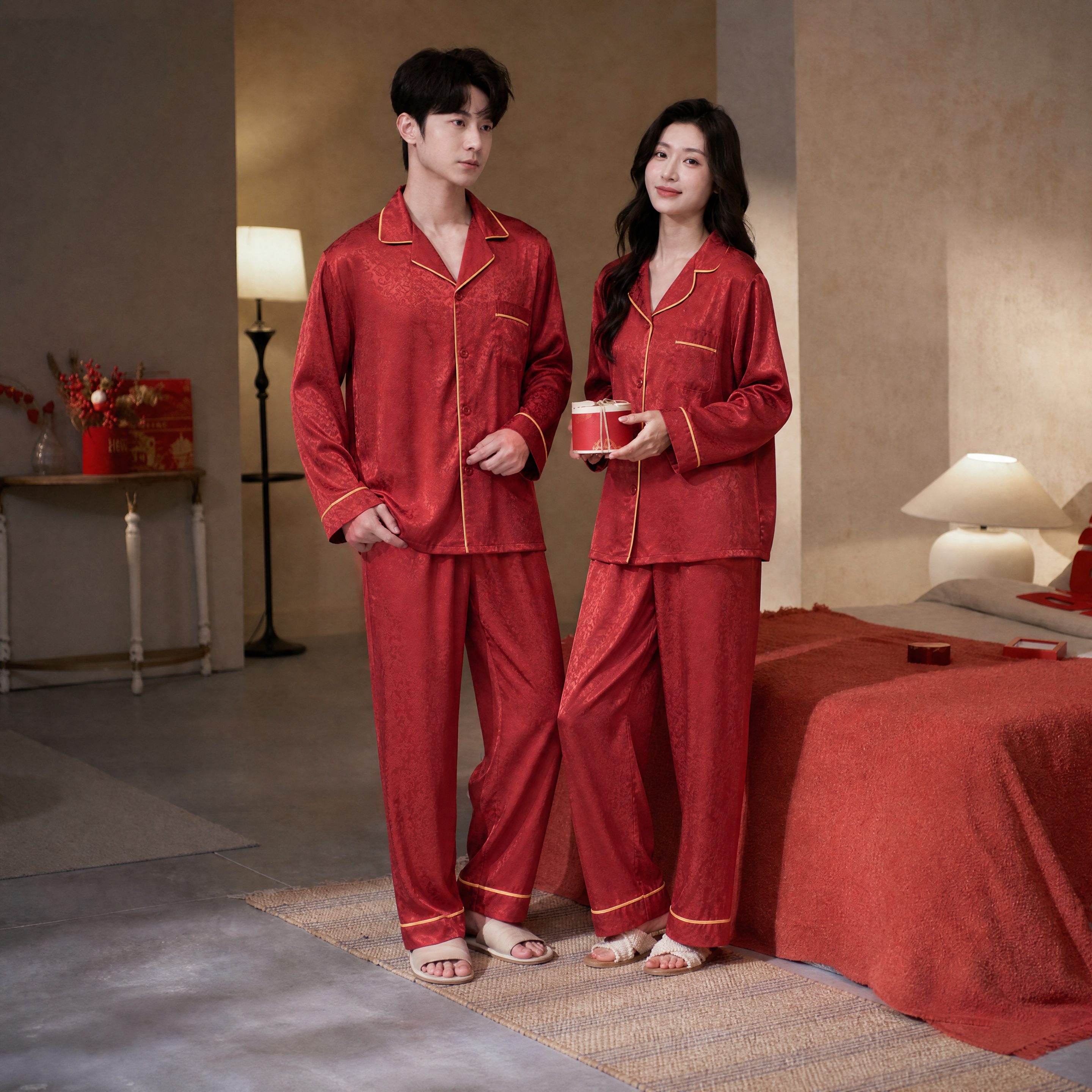保持图1中男女模特的人物样貌、姿势、位置、表情以及卧室背景场景… - 图片创意预览