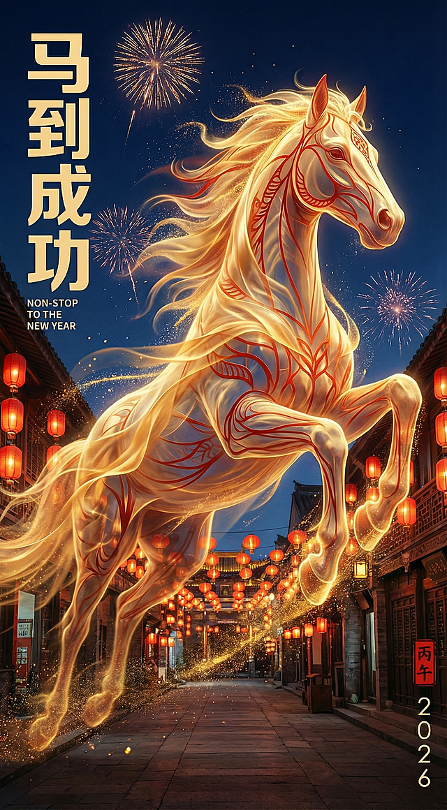国潮风插画，鎏金骏马腾跃于灯火长街，粒子光影交织，虚拟自然与传统建筑融合，喜庆梦幻，彰显丙午年马到成功之吉兆。