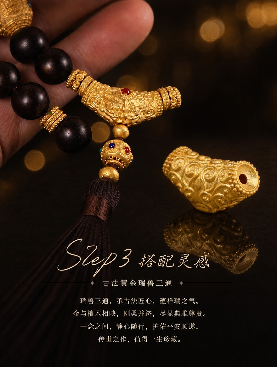 古法黄金瑞兽三通Step3搭配灵感页，暗调黑金背景暖光斑散景。… - 图片创意预览