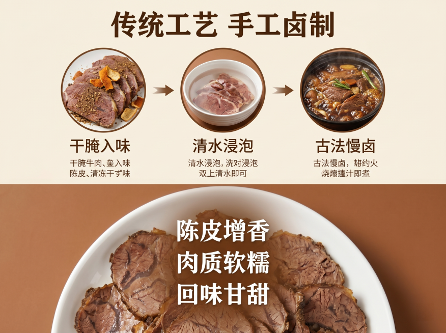 [详情页第四张] 工艺制作展示图，介绍传统卤制工艺。
[氛围风格] 干净专业风，突出手工匠心质感；
[画质] 高清清晰，文字图片都锐利自然。
[元素] 上半部分图文展示手工卤制流程，干腌→浸泡→慢卤三预览效果