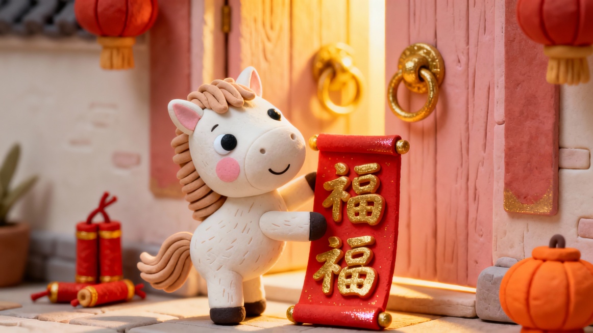 越肩视角，聚焦春节居家温馨场景，原创黏土质感小马为主角。小马通体是奶白色软陶黏土，表面带自然手工指纹肌理，耳尖、脸颊晕染淡粉色黏土腮红，头部比例圆润，眼眸用黑色细黏土点涂 + 白色黏土高光，眼神灵动，预览效果