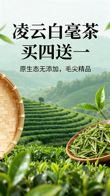 茶叶营销宣传海报，新中式风格，主文案是"凌云白毫茶 买四送一"，副主题是"原生态无添加，毛尖精品"，背景为茶园实景，搭配竹编和茶叶装饰，整体风格简洁大气，适用于电商推广，高清无水印预览效果
