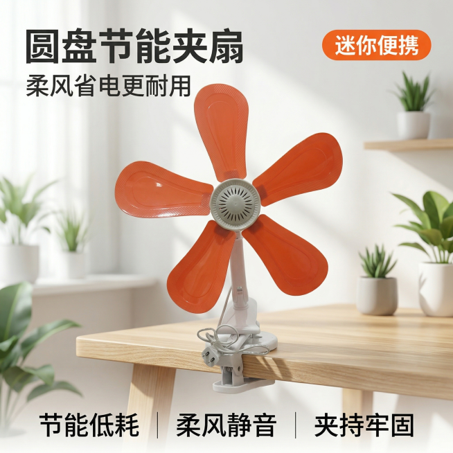 [垫图]用户上传原图
[主图主题]778圆盘节能微风夹扇主图
[氛围/风格]清新夏日家居场景，清爽干净明亮，高点击抖音风格
[画面元素]夹扇放置在桌面边缘，背景是明亮的简约书房桌面，窗外有柔和自然光洒预览效果
