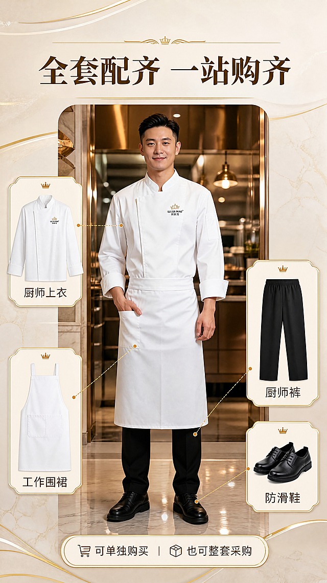 [商品] 使用【图1】白色长袖厨师工作服+白色围裙套装；商品处理：保留上衣和围裙的全部结构、颜色、Logo；搭配黑色厨师裤和黑色厨师鞋，展示全套效果；不改变上衣和围裙的版型。
[画面] 目标：全套搭配展示，呈现完整厨师着装效果；构图：全身居中展示，人物占画面65%，左右两侧放搭配单品小图标；景别：全身；场景：高端酒店厨房入口处，干净整洁的背景，暖光照明；人物姿态：自然站立，一手插围裙口袋，展现轻松专业的状态。
[视觉] 套系策略：风格=高端酒店轻奢商业摄影；标题字=现代衬线粗体；正文字=简洁无衬线体；主色=米白金；背景延展=基于米白金做深浅层级、暖金渐变和大理石/织物质感；强调色=暖金色，仅用于小面积图标、引线和装饰标签；标题色=深棕金；正文色=暖灰棕；组件=圆角金边信息卡、细线引线、金色装饰线；光影=前侧暖柔光，均匀照亮全身。
[文字] 顶部主标题「全套配齐 一站购齐」；左右两侧分别标注搭配单品：厨师上衣 / 工作围裙 / 厨师裤 / 防滑鞋；底部小字「可单独购买 / 也可整套采购」；全部横向排版。
[规格] 图片比例9:16竖版，4K分辨率，负向提示：避免变形、错字、文字过小、冷蓝背景、上衣颜色改变、版型失真、水印、二维码、竖排文字。