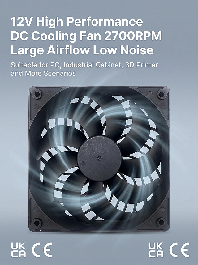 Amazon A+ page first screen KV module, 970px wide, minimalist industrial style, the 120mm black DC cooling fan from the reference picture is in the center, light cool gray technology background, a small amount of airflow special effects around the fan, main title text in the upper left "12V High Performance DC Cooling Fan 2700RPM Large Airflow Low Noise", subtitle text below main title "Suitable for PC, Industrial Cabinet, 3D Printer and More Scenarios", upper right corner is blank for brand LOGO placement, lower corner add UKCA/CE certification mark, product appearance 100% matches the reference picture, British English text, 2K high definition