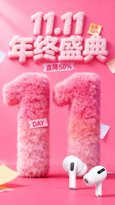 主视觉为一个粉色渐变毛绒材质的“11” ，“DAY”标签位于数字“1”上，商品位于画面右下角，背景是高饱和粉色结合便签纸元素，画面上方为毛绒主标题“11.11 年终盛典”，“直降50%”便利贴装饰。预览效果