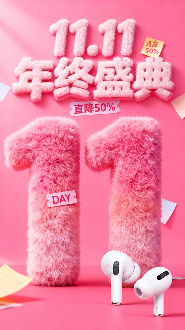 软3D毛绒风格，粉嫩色系营造甜美可爱感，毛发生长质感强化视觉冲击，搭配耳机突出促销主题，11.11年终盛典直降50%信息清晰传达。