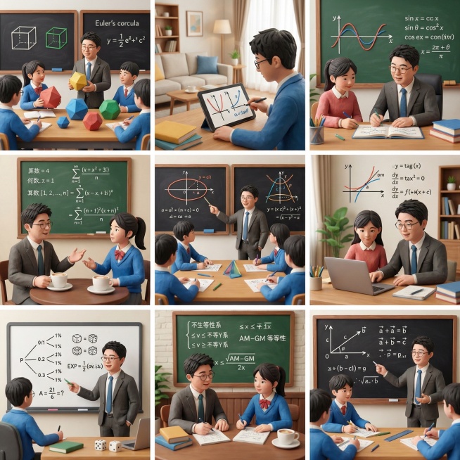帮我生成关于高中数学的九宫格图片，要有老师和学生，老师的脸帮我设计成这张图片的，学生是中国人，场景是教室、家里、办公室、咖啡厅等，帮我生成20张预览效果