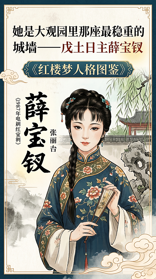 小红书封面图，标题文字为“她是大观园里那座最稳重的城墙——戊土日主薛宝钗 《红楼梦人格图鉴》”，使用老版本87版红楼梦电视剧中薛宝钗的人物肖像，古风国风风格，排版清晰，适合小红书竖版封面
