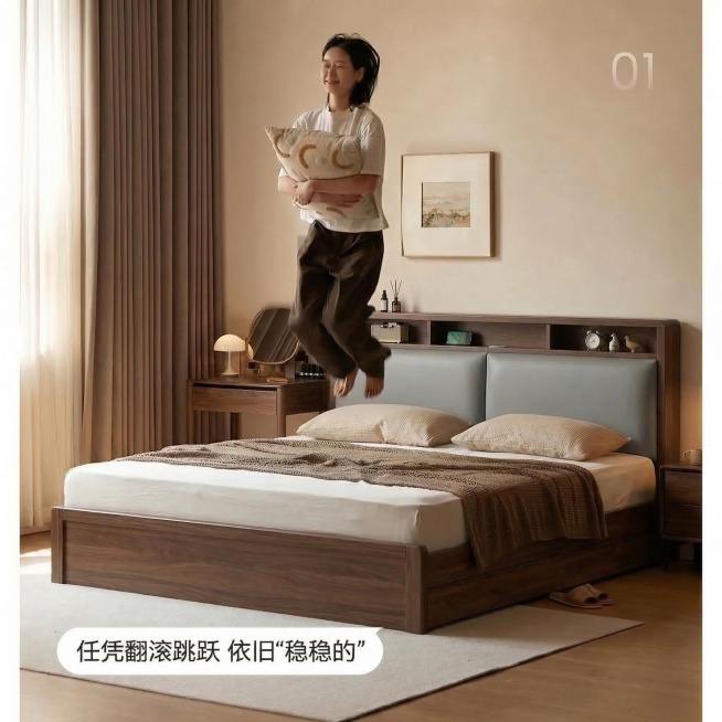 严格将床的外框框架修改为和第二张参考图一致的深胡桃木木纹颜色，床头软包部分保留原来的浅灰色不修改，保留原图的所有人物、物品、构图、场景完全不变，只修改床架颜色预览效果