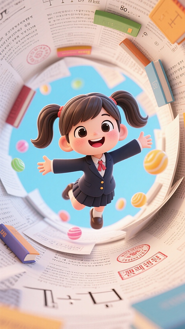 轻微俯视，特写。一个扎着双马尾的深色西装制服笑容灿烂的女孩。双臂伸展，悬浮在由纸张构成的漩涡状通道上方 。纸张上布满打印字和印章。女孩周围是各类文字数学课本知识。整个场景呈现出动态的漩涡效果。