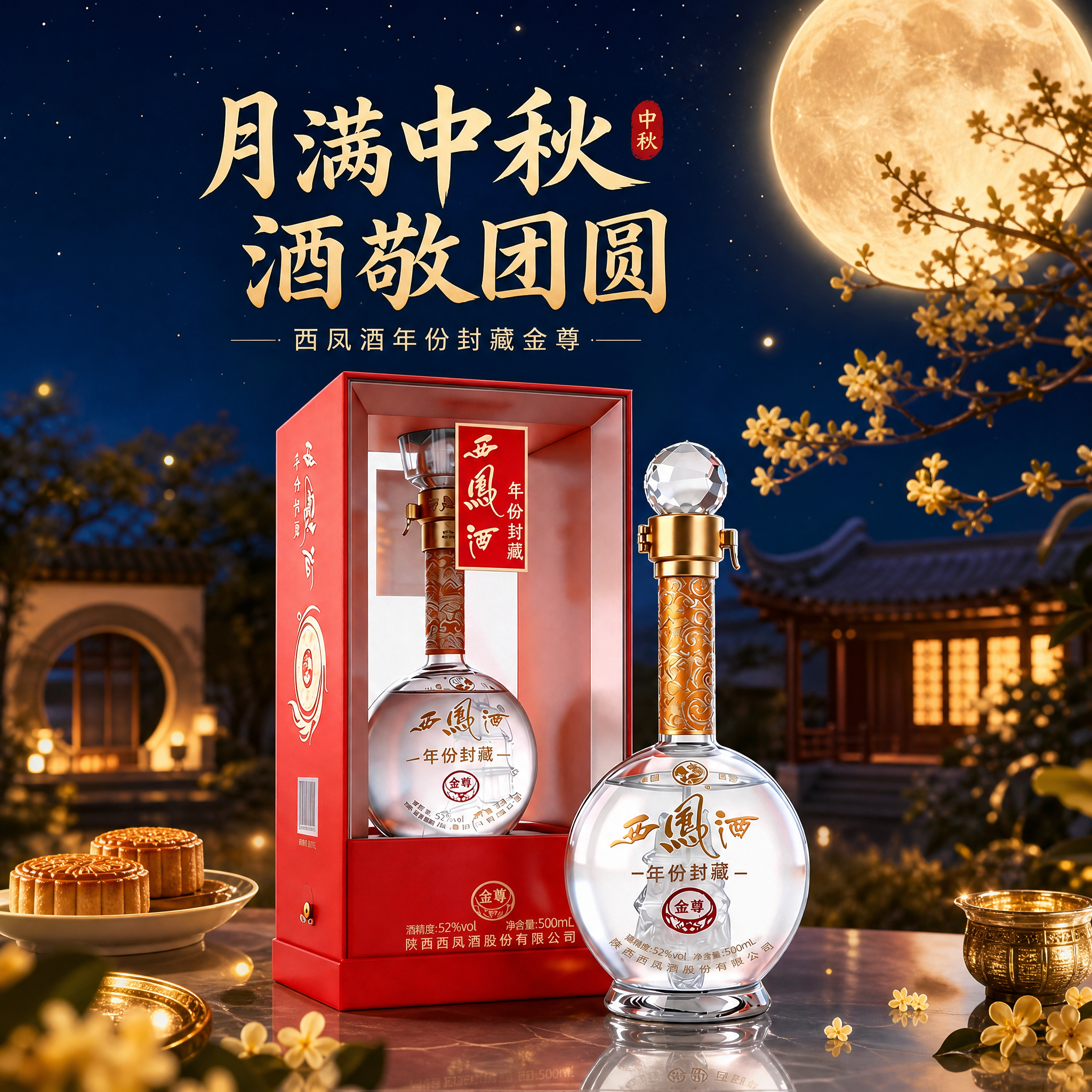 西凤酒年份封藏金尊白酒产品中秋场景海报，画面主体为西凤酒酒瓶与… - 图片创意预览