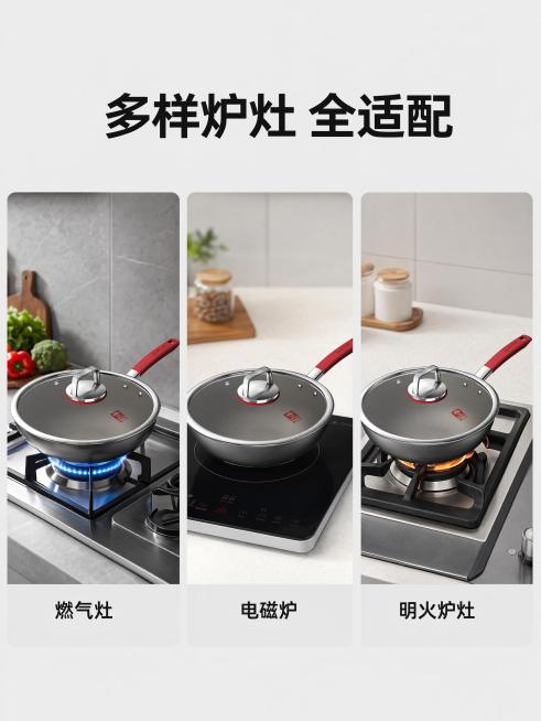 [第6屏] 多场景适用展示，适配不同厨房与炉灶。本屏使用【图1】作为商品主体。
[氛围/风格] 多场景拼贴，清晰展示适配性，现代简约风格。
[元素布局] 顶部大标题，下方三格拼图，分别展示煎锅适配燃气预览效果