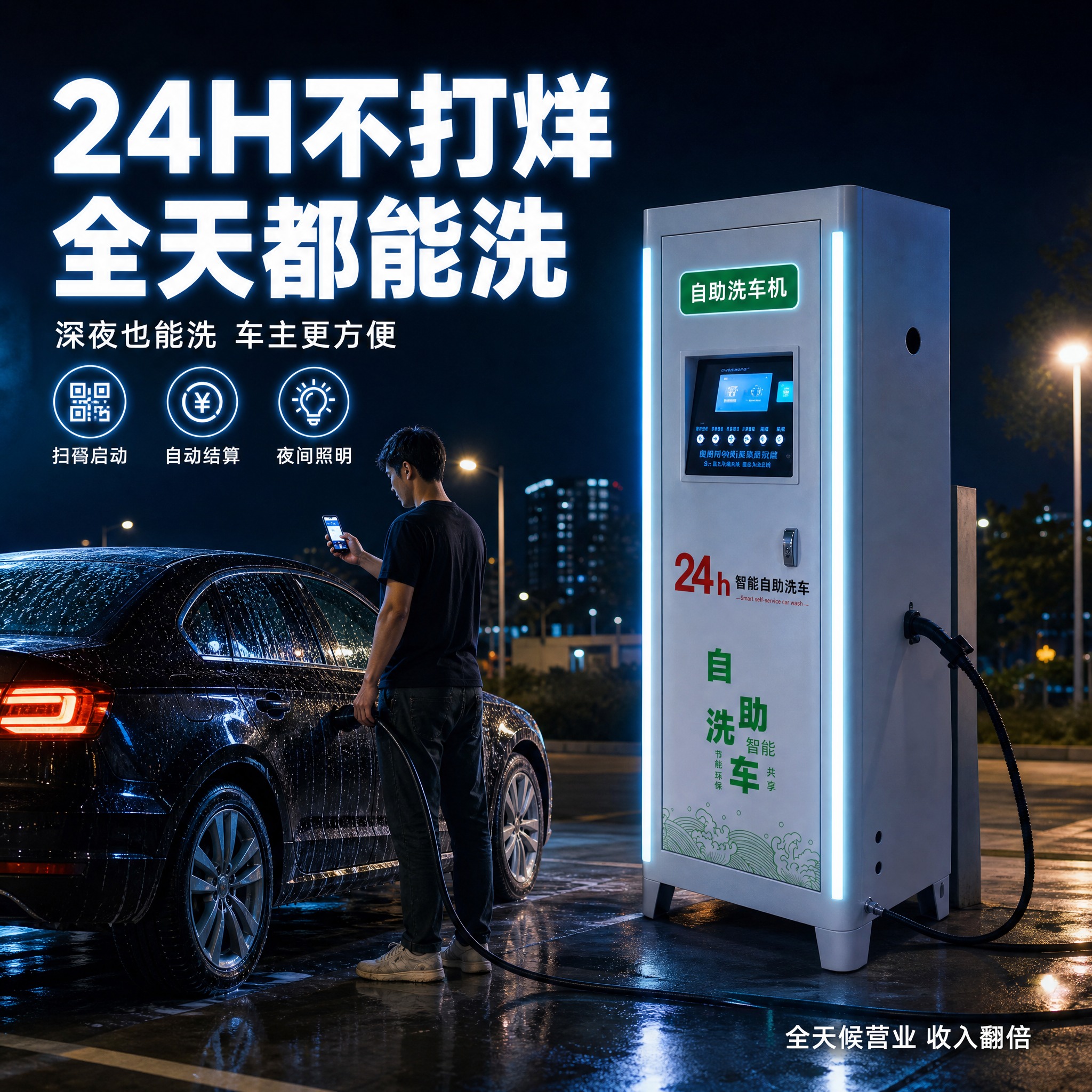 [主图-4] 自助洗车机 夜间使用场景 展示24小时营业的核心… - 图片创意预览