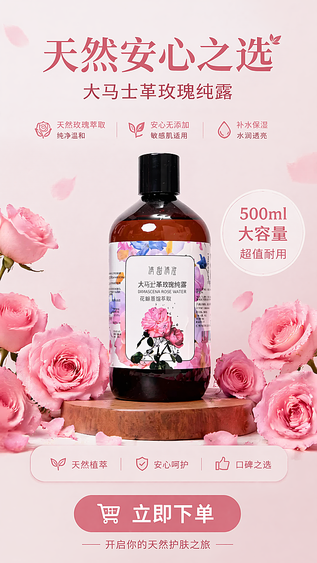 [第8屏]结尾呼吁，放产品图2在中间，主打天然安心，突出500ml大容量，引导下单，浅粉背景，9:16竖版，文字清晰，4K。