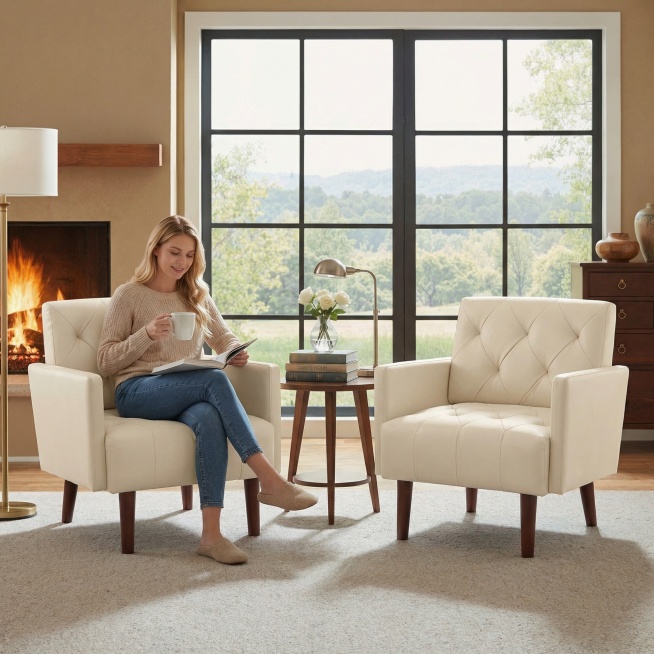 请根据图二参考图给图一沙发椅生成一张场景图，需要跟图1一样的两个椅子，中间发那个一个小茶几 ，一个外国女人坐在椅子上看书喝咖啡，尺寸要1：1的尺寸预览效果