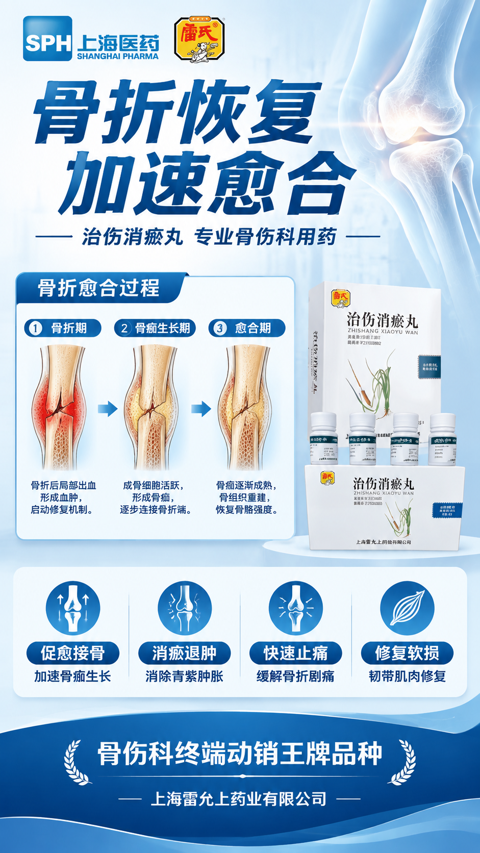 治伤消瘀丸骨折恢复调理海报，专业骨伤科风格，竖版9:16。顶部… - 图片创意预览