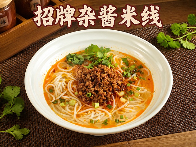 美食商品头像，招牌杂酱米线，超写实商业美食摄影。
主体：杂酱米线严格参照上传产品图，完整保留所有可见组件、食材、轮廓、结构、比例、材质、颜色与本体信息，与上传图完全一致；产品为画面第一视觉焦点，放置在干净台面，背景没有同类产品，完整展示不裁切。
标题文字：画面顶部添加"招牌杂酱米线"文字，醒目清晰。
构图：45度俯拍，主体居中构图。
风格：国内电商美团商品图风格，烟火气浓郁，真实食欲感。
场景：干净原木餐桌台面，市井餐饮小店氛围。
环境陪衬：①桌面铺深棕色编织餐垫，和原图保持质感一致；②米线旁点缀少许香菜叶装饰，增添食欲。
动态生机：汤汁油亮红润，肉沫颗粒分明，米线根根清晰。
配色 / 材质：红棕色汤汁，白色瓷碗，深棕餐垫，绿色香菜；原木 / 陶瓷 / 编织。
光影：主光从上方斜45°窗光入射，暖调自然光，照亮杂酱和汤汁，油光反光自然，整体明亮诱人，无硬阴影。
严格锁定宽高比为 600:450 = 4:3。
参数：4K 超高清写实。