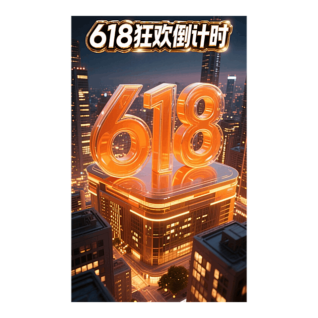 俯视视角，夜晚城市楼宇，顶部文字为“618狂欢倒计时”，标题白金鎏金边带玻璃凸纹立体效果，主视觉橙色，高能数字“618”3D发光立体，未来主义材质渲染。
