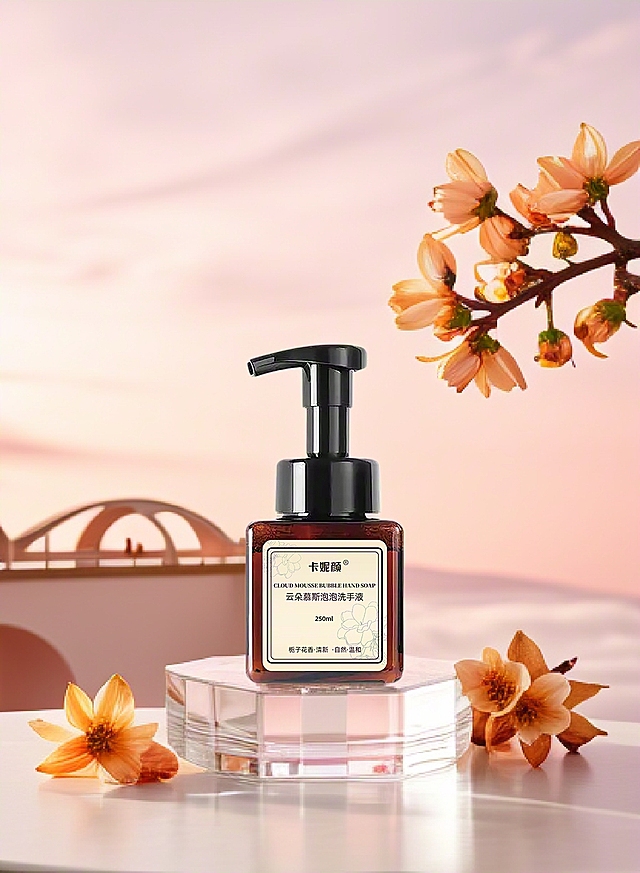 暖粉天空为底，搭配棕色产品、橙花与透明底座，色彩柔和雅致，营造出自然清新又治愈的氛围，尽显产品的温润质感