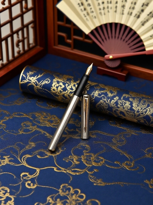 抠出图片主体，保留主体形状，藏蓝色+金色花样暗纹的桌面，后景折扇、屏风，营造典雅、富有东方韵味的氛氛围；景深效果。预览效果