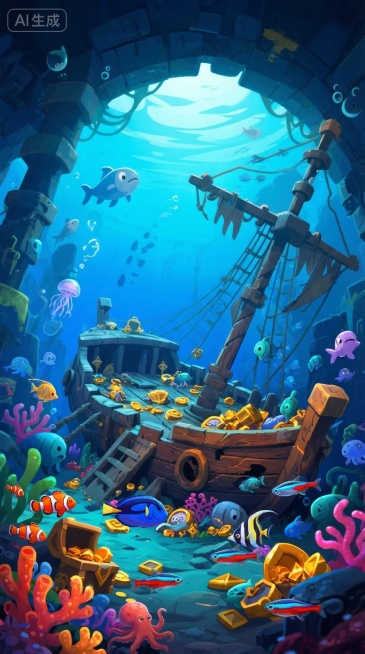 提高颜色饱和度，生成一张关于海底秘境的场景，海底有各类鱼预览效果