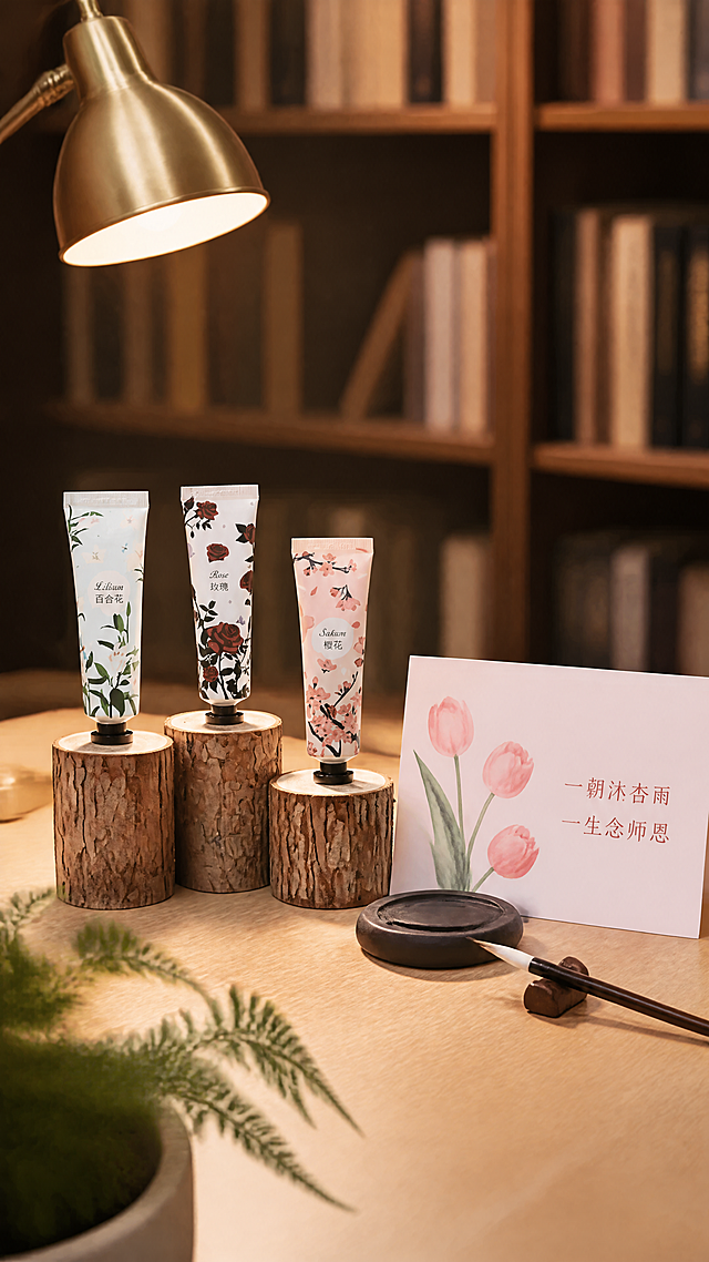 超写实电商产品摄影，教师节礼品主题。
主体：三支装护手霜（百合、玫瑰、樱花各一支）严格参照上传产品图，完整保留所有可见组件、管身轮廓、结构、比例、材质、颜色、花卉图案与产品本体上的文字信息，与上传图完全一致；三支错落摆放于木质书桌上，自然融入场景光影，与场景共处同一物理空间。产品占画面约40%，完整不裁切。
构图：三分法构图，产品位于画面左下，右上留白。
风格：书香文艺，温柔唯美，简约干净。
场景：家居书房的木质书桌，黄昏暖光。
空间承载：①前景，浅橡木书桌桌面，木纹清晰；②背景，虚化的深棕色实木书架，摆满书籍；③左上方，一盏黄铜台灯发出暖光。
陪衬软装：①护手霜旁，一张粉色郁金香教师节卡片，卡片上印有清晰中文文字"一朝沐杏雨 一生念师恩"，字体工整排版整齐；②卡片旁，一支毛笔与一方砚台；③桌面一角，一盆文竹绿植。
配色材质：浅橡木棕 / 米白 / 淡粉 / 墨绿 / 暖黄；哑光塑料管身 / 实木 / 黄铜 / 宣纸 / 陶瓷。
光影：主光为左上方台灯光源，暖调柔和漫射，辅以环境反光，产品表面有温润光泽，整体温馨治愈。
参数：4K 超写实，产品实拍质感，无多余杂物，无水印，无扭曲变形，无错别字，中文简体。严格锁定宽高比为 9:16。