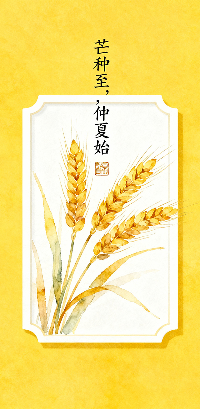 日式和风竖版芒种节气海报，日式和风插画风格。明黄色背景上，白色画框内绘有水彩质感的金黄麦穗，笔触柔和清新。搭配“芒种至，仲夏始”主题文案与印章元素，整体简约雅致，传递出芒种时节的丰收与从容氛围。
