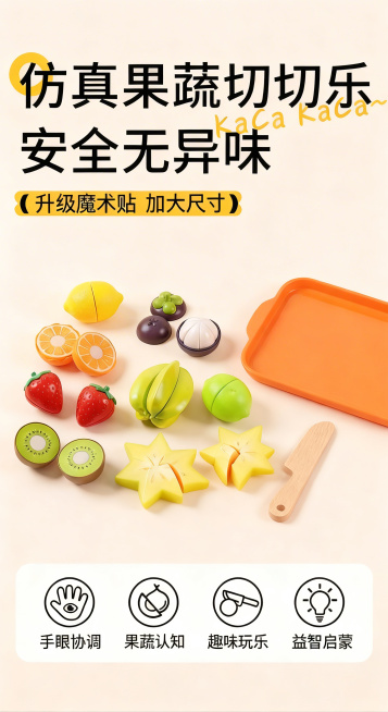 保留原图所有文字、图标和背景，去掉图中的西瓜和胡萝卜，替换为图二刀具旁已切开的杨桃水果，同时将原有塑料刀具换成图二的木质刀具，保持整体布局整齐，水果玩具质感和光影风格一致预览效果