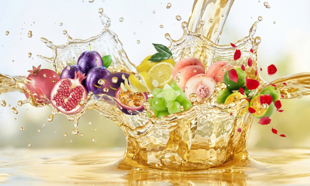 水果放在蜂蜜水里，清透，喷溅的效果预览效果