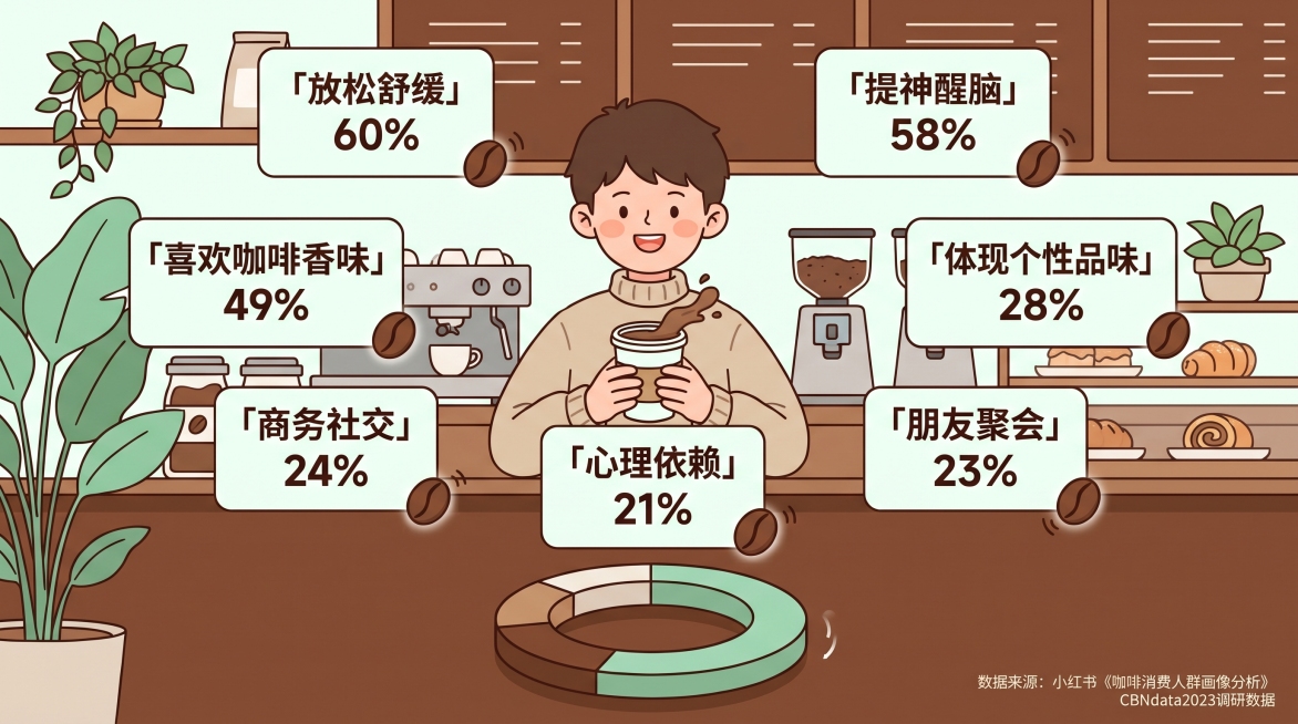 横版动态数据可视化科普海报，治愈系扁平插画风格，主色调为暖棕+薄荷绿+米白，背景为简约咖啡馆吧台场景。画面中心是举着咖啡杯的卡通年轻人形象，周围环绕圆角卡片，每个卡片标注一个喝咖啡的动机及对应占比：「预览效果