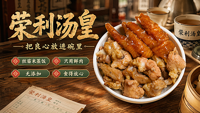 制作一张炖汤店餐品海报，点名：荣利汤皇，尺寸：长度2280mm，高度1130mm，文字要求：把良心放进碗里，丝苗米蒸饭，只用鲜肉，无添加，食得放心，需要图片辅助突出文字内容「图片1」
