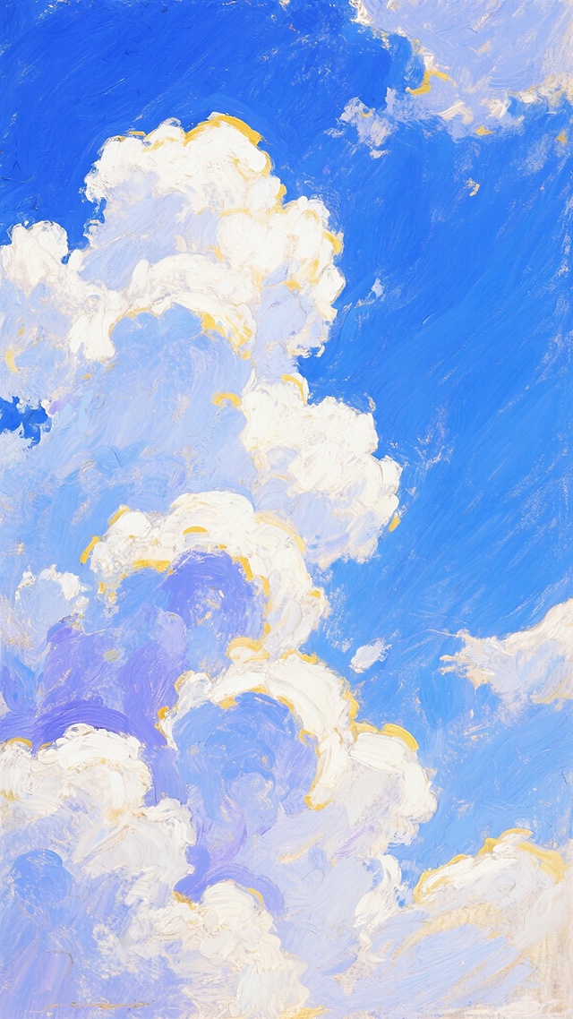 印象派风格描绘的夏日晴空，画面中充满了生动跳跃的笔触，纯净的钴蓝色天空占据主体，色彩由上而下从深邃的蔚蓝渐变为轻盈的天蓝，蓬松的白色积云形态各异，边缘被阳光染上淡淡的暖黄色，云朵的阴影部分呈现出微妙的蓝紫色调，笔触奔放而富有动感，捕捉了光线在云层间瞬息万变的效果，整体氛围明亮、清新、充满活力，具有莫奈式的光影捕捉和色彩的微妙变化。