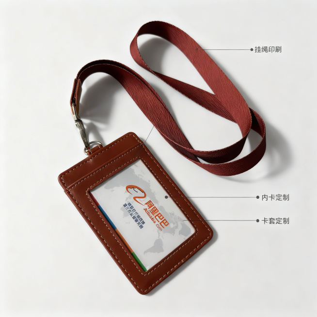 皮质工作牌卡套，展示核心定制功能，简约商务风格，干净浅灰色背景，产品居中，通过引线连接产品不同部位，标注“挂绳印刷、内卡定制、卡套定制”，文字为纤细黑色引线末端带圆点，引线标注对应正确位置，整体风格统预览效果