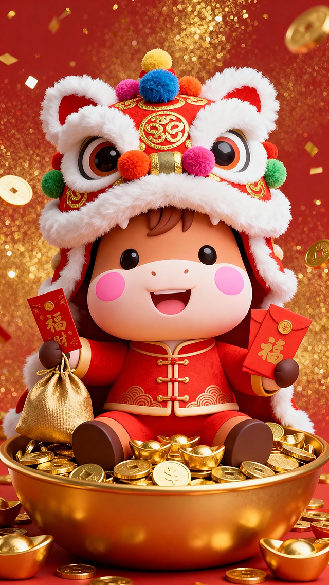软3D风卡通小猪戴狮头帽，手持红包与金袋，坐于金元宝盆中，红金配色尽显国潮喜庆，鎏金元素点缀，节日氛围浓厚。