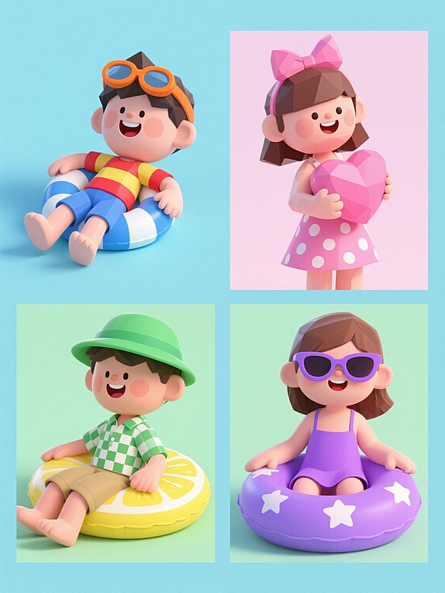 一组四个3D渲染卡通角色的规整排布集合，保持原3D低多边形风格，柔和圆润的造型，清晰的边缘和微妙的体积感，明亮柔和的光影效果，高饱和度色彩，纯色背景。第一个是戴着橙色泳镜、穿着红黄条纹上衣和蓝色短裤、躺在蓝白条纹游泳圈上大笑的男孩，背景为浅蓝色；第二个是戴着粉色蝴蝶结、穿着粉白波点连衣裙、抱着粉色爱心游泳圈的女孩，背景为浅粉色；第三个是戴着绿色遮阳帽、穿着绿白格子衬衫和卡其色短裤、趴在黄色柠檬造型游泳圈上的男孩，背景为浅绿色；第四个是戴着紫色太阳镜、穿着紫色吊带裙、坐在紫色星星图案游泳圈上的女孩，背景为浅紫色。所有角色表情愉悦，姿态放松，元素类目保持为“儿童+游泳圈”，整体设计具有统一的卡通插画风格和夏日主题氛围，四个元素内容完全不同，呈规整网格排布。