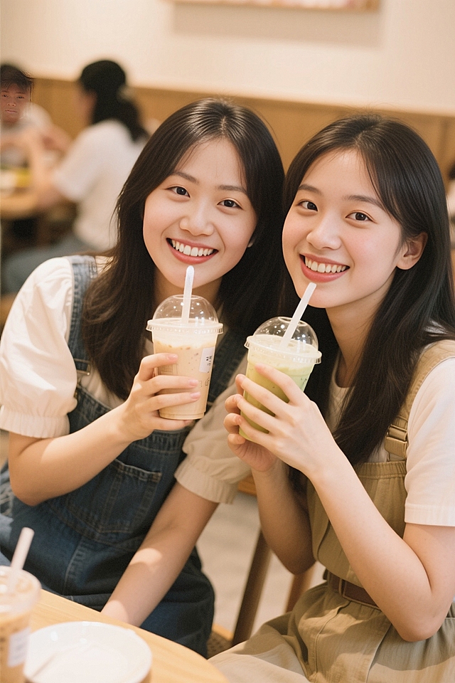 清新甜美，舒适实景，两人共饮，笑容温暖。