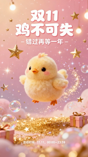 毛绒小鸡漂浮在星空中，周围是闪烁的星星、气泡和礼盒，柔和灯光、金粉粒子，画面梦幻温柔、甜美童趣。主标题文字“双11 鸡不可失”，副标题“错过再等一年”，“活动时间11.11，00:00～23:59”预览效果