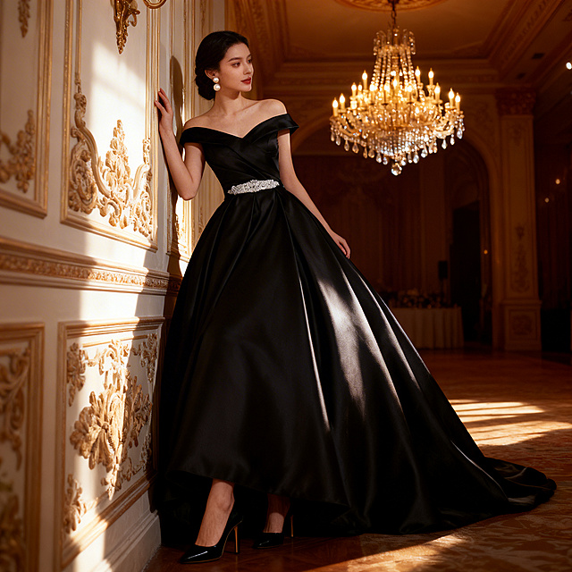 商业高级宴会风格全身照，一位优雅女模特穿着这件黑色缎面一字肩大摆礼服，礼服腰部保留完整的银色镶钻腰带，保持礼服结构不变。模特搭配黑色高跟鞋与珍珠耳饰，侧身靠在宴会厅雕花背景墙上，身体微微前倾，手轻扶墙壁，自然放松姿态。整体采用轻奢优雅风，晶莹剔透高光勾勒缎面轮廓，暖金色宴会厅背景，水晶吊灯散发出柔和光晕，经典侧逆光勾勒身形，光影层次丰富，画面细腻高级，中心对称构图，模特自然与环境互动，商业高级宴会氛围感，礼服缎面纹理清晰，保留腰部钻饰细节