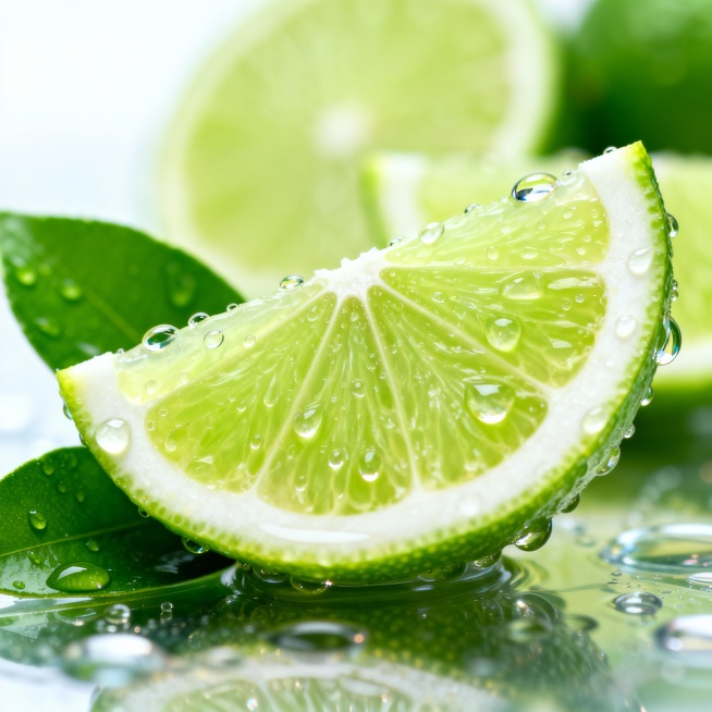 一张青柠切片的特写，青柠果肉呈现鲜亮的浅绿色，果皮边缘为白色，表面覆盖着晶莹的水滴，水滴具有透明感和反光效果，青柠切片旁有几片新鲜的绿色叶子，叶子上也带有水滴，背景为透明预览效果