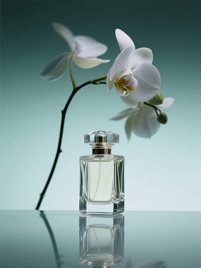 一瓶香水特写，玻璃台子，背后是一枝动态模糊有残影的兰花，浅绿色渐变背景，暗调