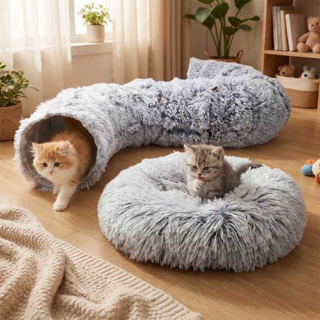 生成一个小猫从产品管道跑出来，一个小猫坐在垫子上面在舔毛，添加房间背景预览效果
