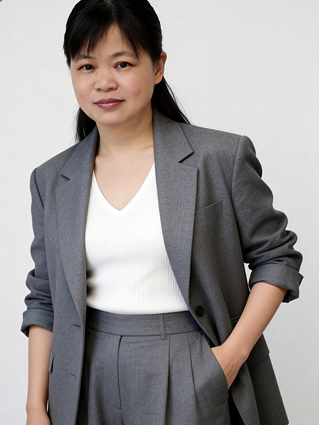 参考第一张图保留人物脸型､发型､年龄等特征生成职场形象照,参考第二张图的人物占位和比例,标准焦段50mm,f/4光圈(f/2.8-f/4区间),平视视角(镜头与人物视线齐平)眼神明亮温和､直视镜头;人物占画面70%,人物居中(居中构图),位于画面中心,为视觉聚焦点,入境范围头部及以下至臀部下方10cm(半身像);左右留少量背景空间;头部与画面顶部保留15%空间;头部发型完整,头肩比例协调;淡妆,肤质白皙细腻;冷调白皙,极淡裸粉哑光眼影打底,极细内眼线填充睫毛根部,大直径深棕色带细微高光点的自然款美瞳;边缘模糊无生硬轮廓;眼神澄澈,看向镜头唇妆:自然水光唇釉,唇形饱满､唇峰清晰､唇面透亮光泽;身穿灰色精纺羊毛混纺高级西装外套(微宽松廓形西装,面料呈细腻肌理,微哑光质感);西装为平驳领单扣设计,袖口微微卷露出手腕;内搭纯白色v领针织背心(极细竖坑条纹理);下装同色系灰色精纺羊毛混纺高级宽松西裤,呈正面单手插兜的自然站立姿态,身体呈“松弛式挺拔”状态(脊柱自然延展,肩部自然下沉,左侧胯部轻微外展),左手插在西装裤侧缝口袋(手肘微向外展,露出手腕部分),右臂自然垂落, 肢体自然,干练大气,自信从容,整体手势松弛且优雅感;动作幅度柔和,兼具“专业感”与“亲和力”,身姿挺拔有度,手腕放松,自然站立姿势;嘴角微微上扬,唇角自然浅笑(唇色自然粉嫩);画面整体干净清爽,自信从容｡中度暖灰色背景(光线呈现均匀柔和､干净通透质感),极简干净;32k画质超高分辨率､细节清晰,现代精致感风格;眼神直视镜头,目光坚定且澄澈,表情自然｡肤质哑光细腻,面部雾面柔光,轻透裸肌感,真实毛孔纹理,去除人物之外的所有元素,严格按照第一张图内容生成｡