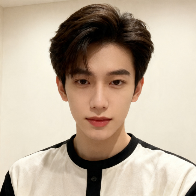 参考图片男士偏分蓬松短发、正面半身近景动作，生成一张全新不同男生的正方形头像，差异化更大，衣服必须不同，保持室内浅色背景，高清晰预览效果