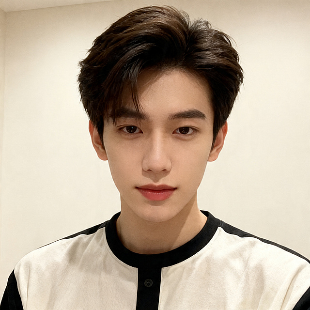 参考图片男士偏分蓬松短发、正面半身近景动作，生成一张全新不同男生的正方形头像，差异化更大，衣服必须不同，保持室内浅色背景，高清晰