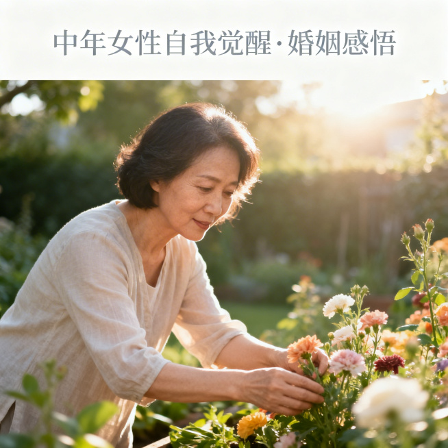 封面主图，主题为#中年女性#自我觉醒 #婚姻感悟，简约治愈风格，画面为一位中年女性在花园打理鲜花，阳光温暖，体现女性将精力放回自身，重拾自我的松弛通透生活状态预览效果